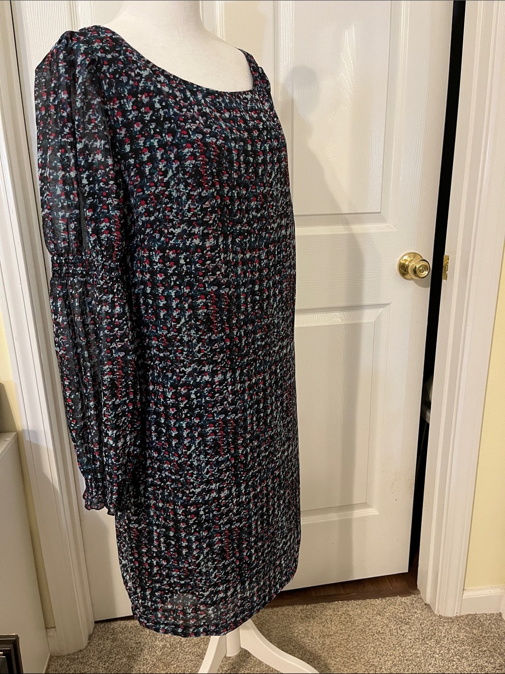 Karl Lagerfeld Black Shift Dress with Red and Teal Geometric Print